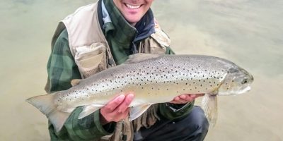 David Hoppe with a 9lb Pitsford Reservoir brown trout caught from sailing club bank on a buzzer