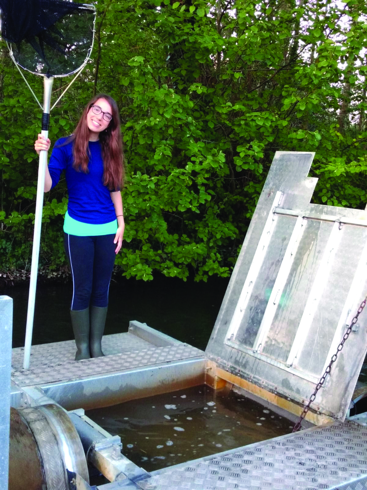 Olivia Simmons, a PhD student from Bournemouth University, is studying juvenile salmon size and behaviour on their seaward migration and subsequent sea survival.